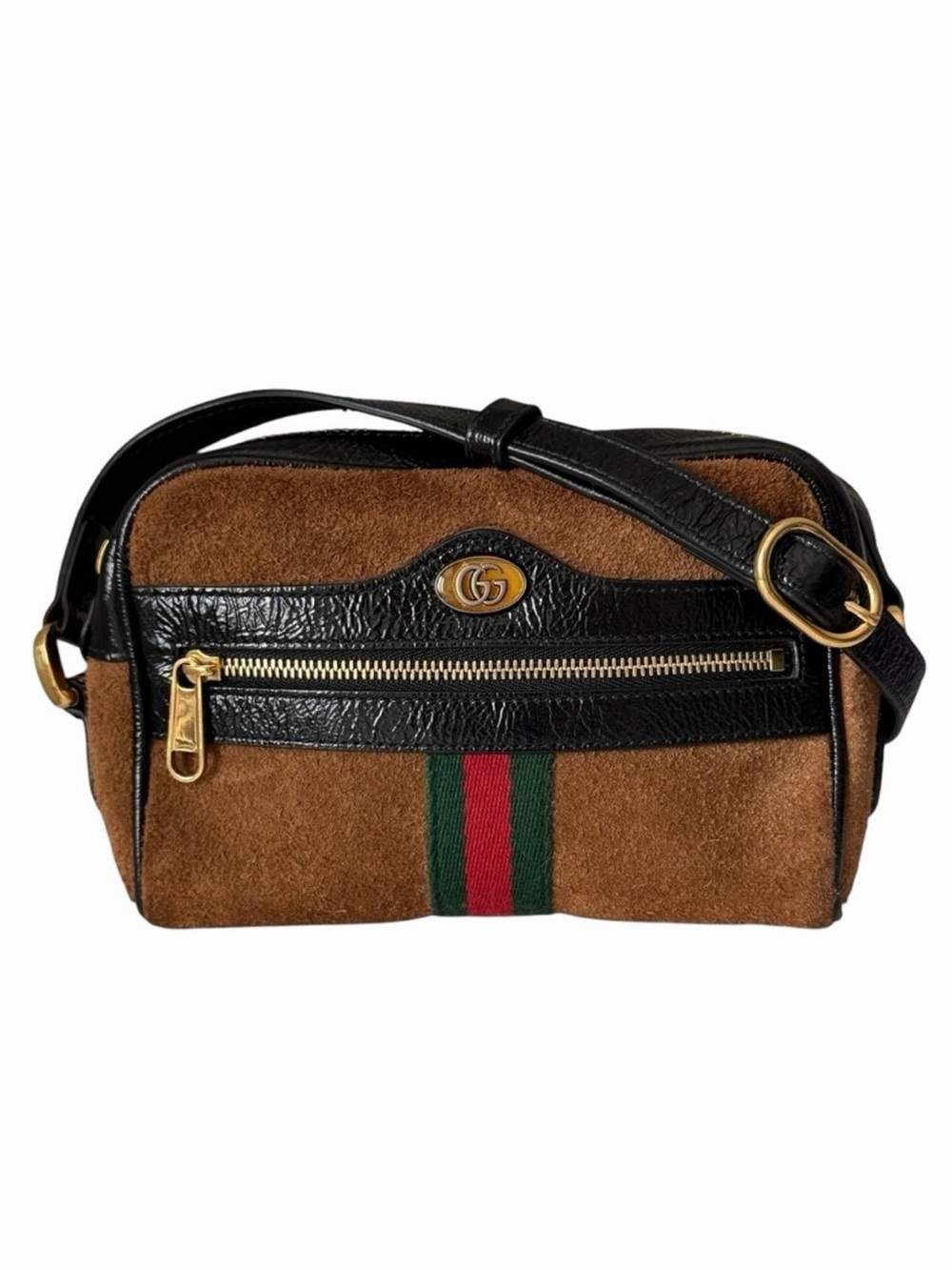 Gucci Ophidia Sherry Crossbody Bag – Brown Suede & Patent Leather w/ Web Stripe